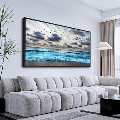 Wapluam Black And White Beach Wall Painting Black Framed Canvas Wall Art For Living Room Wall Decoration For Bedroom Office Wall Decor Blue Sea Wave Pictures Artwork Modern Hotel Room Home Wall Art