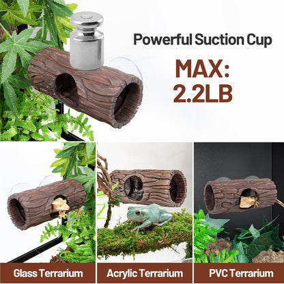 Reptile Hide, Resin Hollow Log Hideout with 2pcs Powerful Suction Cup, Reptile Tank Accessories Climbing Toys Terrarium Hideaway Caves Decor for Gecko, Lizard, Snakes, Hermit Crabs, Forgs