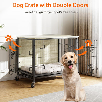 Dog Crate Furniture, 38.6" Wooden Dog Crate with Double Doors, Dog Furniture, Large Dog Kennel Indoor End Table for Large Dogs, Grey
