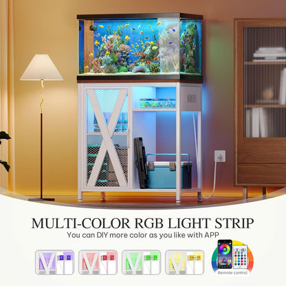 YITAHOME Fish Tank Stand with Power Outlets & LED Light, 20-29 Gallon Metal Aquarium Stand with Cabinet for Fish Tank Accessories Storage for Turtle, Reptile Terrarium, 350LBS Capacity, White