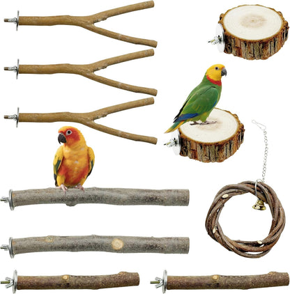 Allazone 10 PCS Natural Parrot Perch Bird Cage Accessories, Bird Platforms, Wood Stands, Grinding Fork Parakeet Platform for Small Lovebirds Budgies Cockatiels