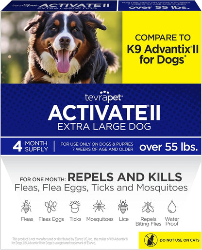TevraPet Activate II Flea and Tick Prevention for Dogs | 4 Count | Extra Large Dogs 55+ lbs | Topical Drops | 4 Months Flea Treatment