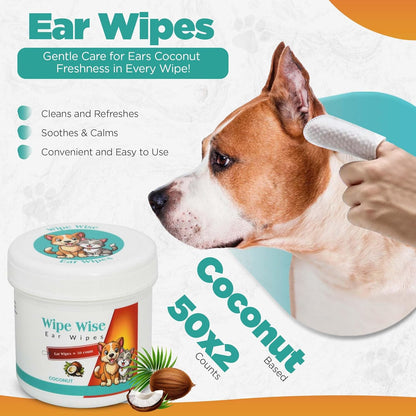 100 Pet Wipes (8x8'' Unscented) - 100 Ear Wipes (Coconut) - 50 Dental Wipes (Mint Infused) for Dogs & Cats, 250 Wipes, Alcohol-Free, Safe & Gentle- Great Value Bundle, Pet Care
