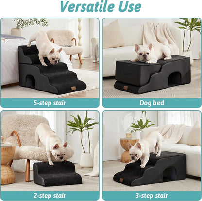 Extra Wide Dog Stairs with Tunnel, Detachable Large Pet Step for Small Medium Dog, Puppy or Cat, Ramp for High Bed, Couch, Sofa or Car, Stable, 19.7x33x22.4 inch, 5 Step, Black