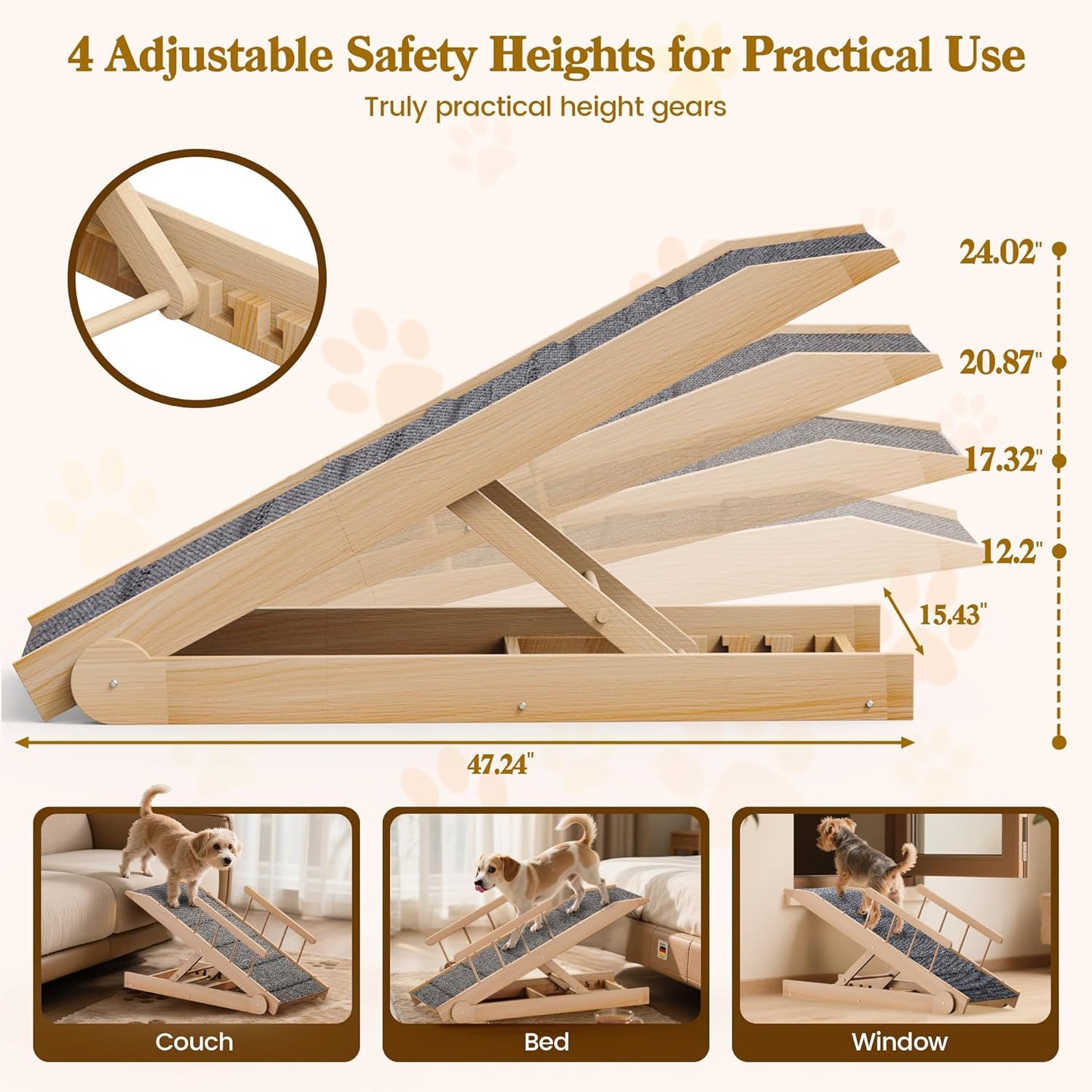 Dog Ramp for Bed, 47" Long Non-Slip Portable Pet Ramp for Small Large Dogs, Wooden Adjustable Dog Ramps for Bed, Couch, Car -Non Slip Carpet Surface and Foot Pads, Height from 12" to 24", Up to 200LBS
