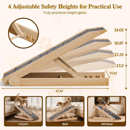 Dog Ramp for Bed, 47" Long Non-Slip Portable Pet Ramp for Small Large Dogs, Wooden Adjustable Dog Ramps for Bed, Couch, Car -Non Slip Carpet Surface and Foot Pads, Height from 12" to 24", Up to 200LBS