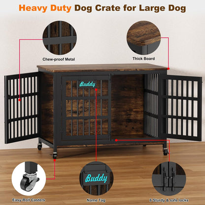 EasyCom 48"/42"/33" Dog Crate Furniture with Name Tag, Heavy Duty Dog Kennel Indoor for Large Dogs, Escape-Proof and Chew-Proof Dog Cage for high Anxiety Dog, Decorate House as TV Stand, End Table
