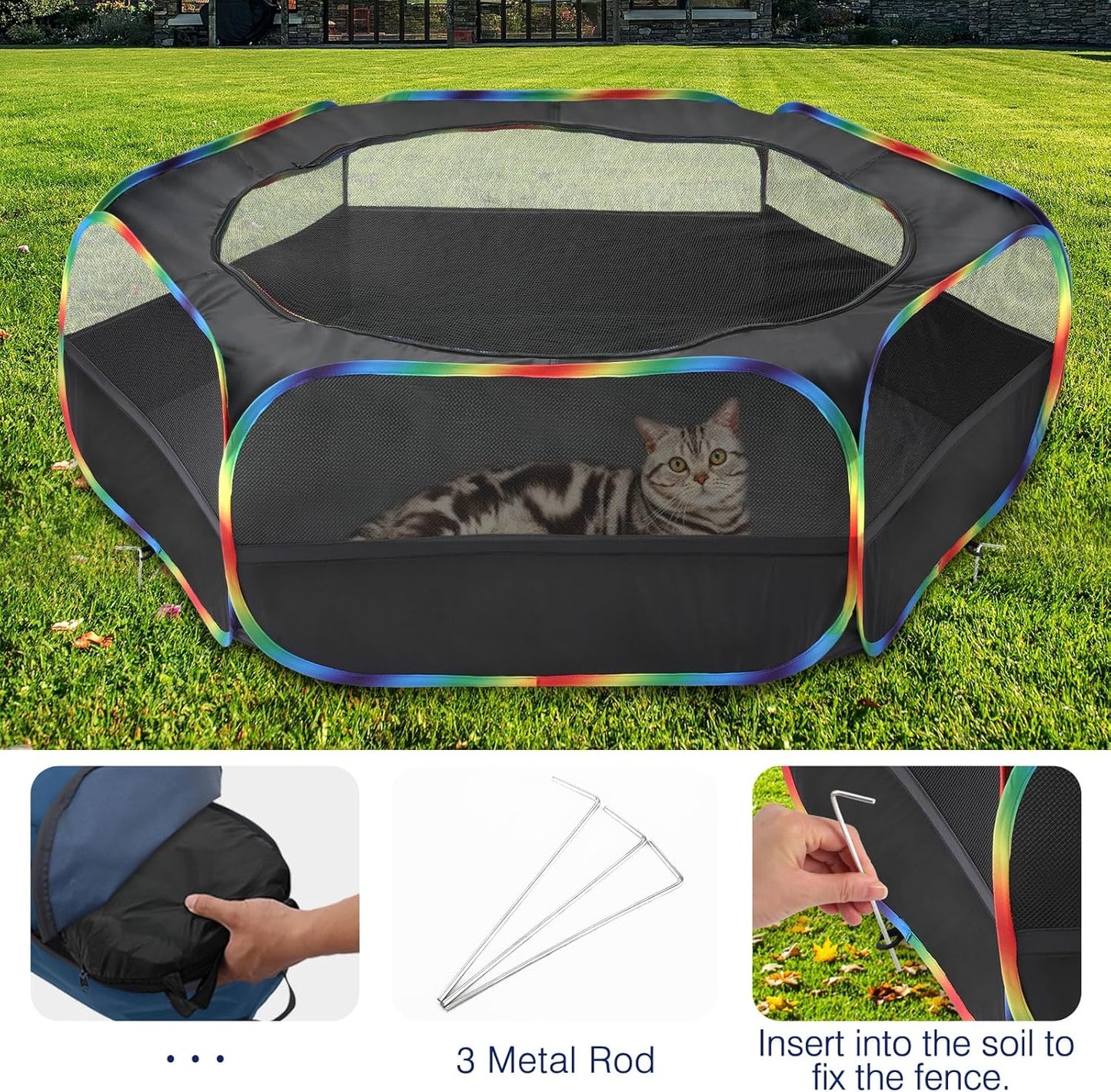 Pawaboo Small Animals Playpen, Waterproof Small Pet Cage Tent with Zippered Cover, Portable Outdoor Yard Fence with 3 Metal Rod for Chick/Kitten/Puppy/Guinea Pig/Rabbits/Hamster, Black + Rainbow