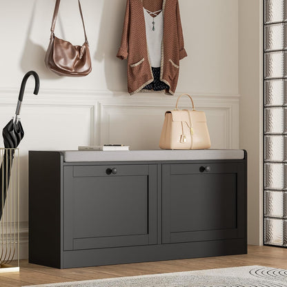 MHOM Black Modern Entryway Bench with 2 Flip Drawers, Shoe Bench with Padded Seat Cushion, Wooden Storage Bench for Bedroom and Apartment