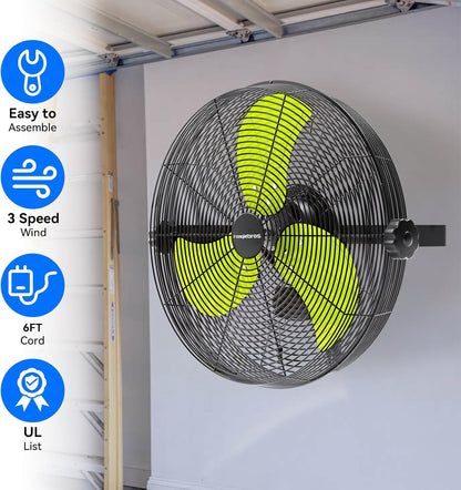 4580 CFM 18 inch High Velocity Wall Mounted Fan, 3-Speed Metal Fan with Sealed Motor, 360 Degree Tliting Heavy Duty Wall Fan for Patio, Barn, Garage, and Gazebo - UL listed