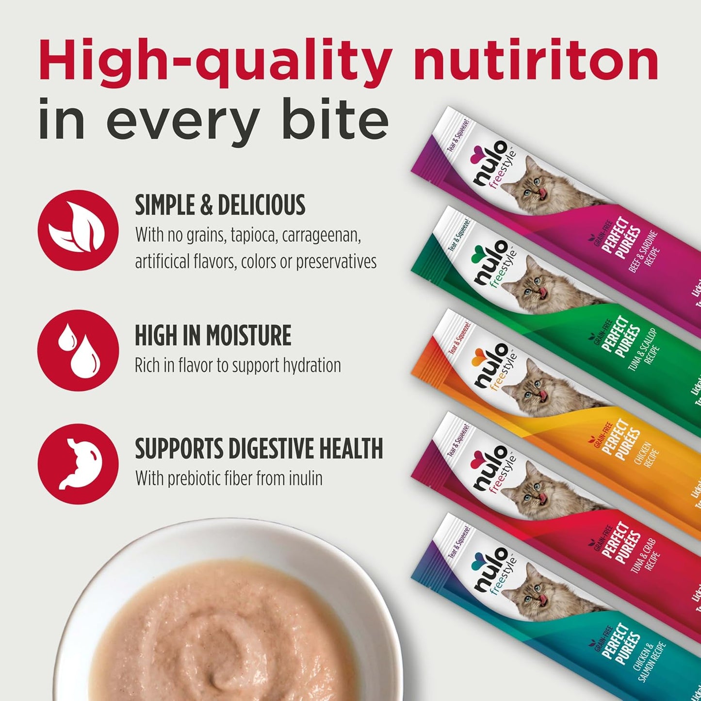 Nulo Freestyle Grain-Free Perfect Purees Premium Wet Cat Treats, Squeezable Meal Topper for Felines, High Moisture Content to Support Cat Hydration, 0.5 Ounce, Tuna & Crab (Pack of 48)