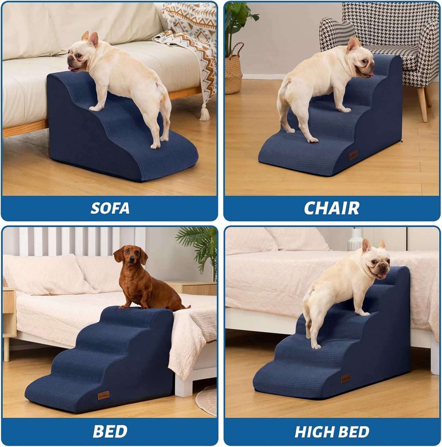 4-Step Dog Stairs and Ramp for Beds or Couches,Non-Slip Sturdy Pet Steps for Small Dogs and Cats,17.4" H,Blue