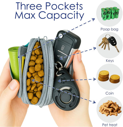 Dog Treat Pouch for Pet Walking and Training with Clicker Poop Bags and Three Bags Design Small Fanny Zipper Pack Holder for Puppy Snack Dispenser Kit for Leash and Outdoor Use (Green)