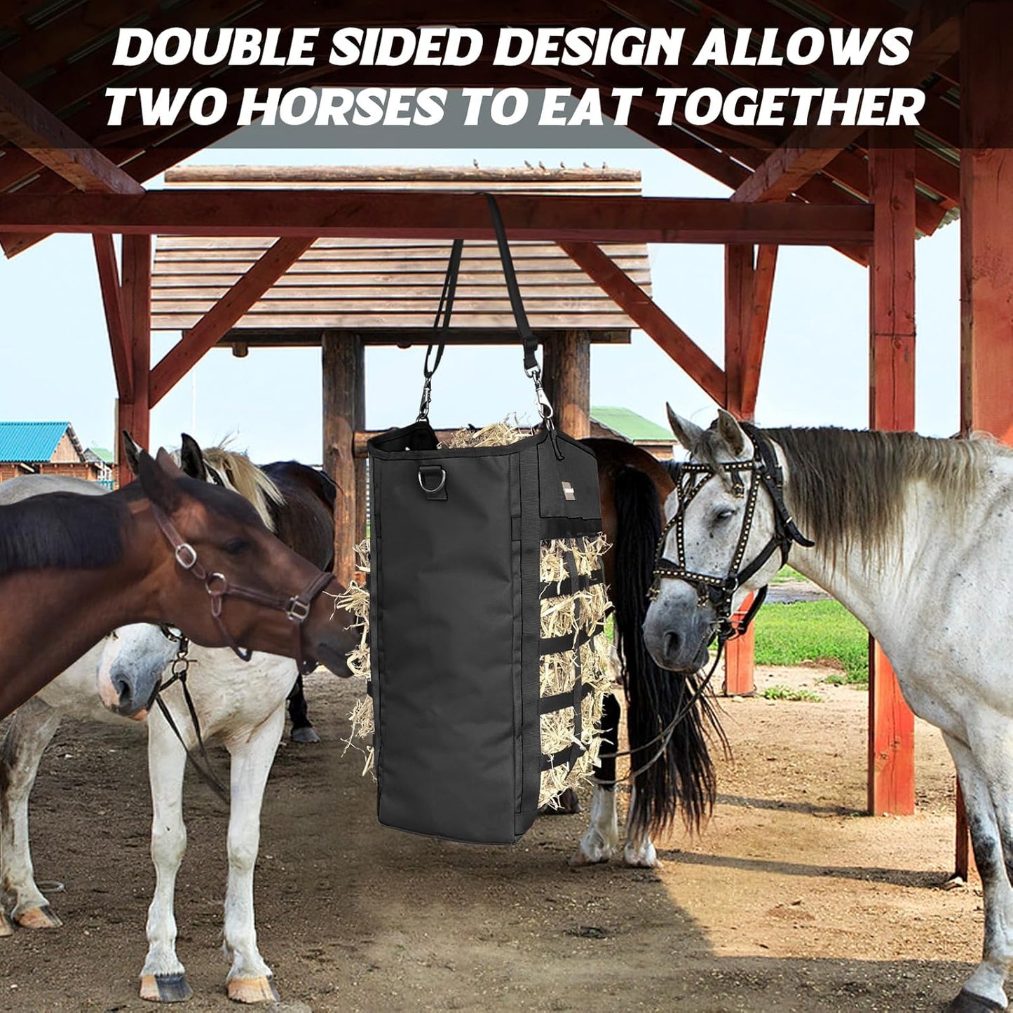 Innovative Hay Bags for Horses, Goat Hay Feeder with Reinforced Oxford Fabric and High Strength Metal Clasp,Horse Feeding Supplies with Adjustable Strap for Easy Hanging (2 Black+1 Purple)