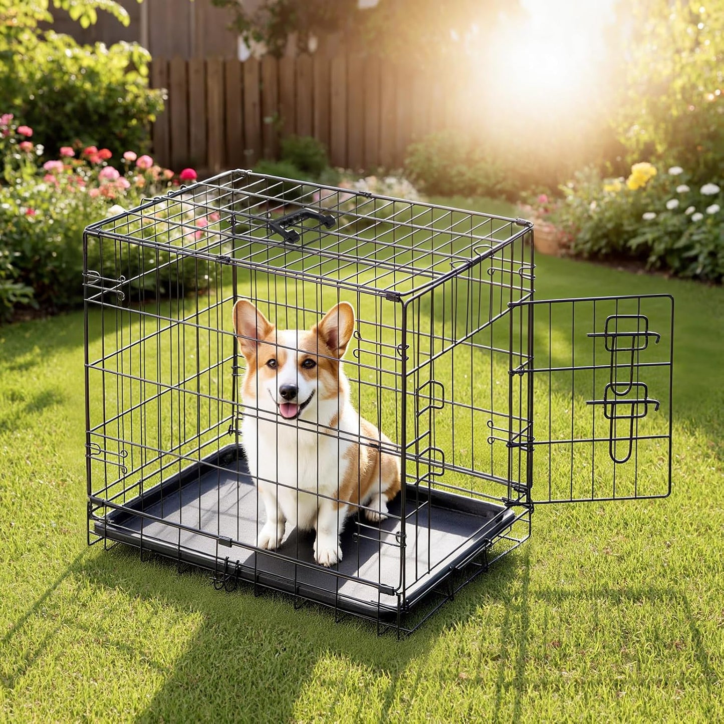 DUMOS Dog Crate, 30 Inch Medium Single Door Dog Cage with Divider Panel and Plastic Leak-Proof Pan Tray, Folding Metal Wire Pet Kennel for Indoor, Outdoor, Travel