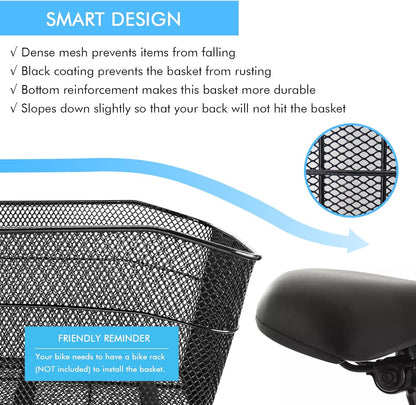 Rear Bike Basket, Tool-Free Install, Dog/Pet Carrier, Ebike Electric Bicycle Back Cargo Basket, Fits Most Rear Racks, with Waterproof Cover, Cargo Net