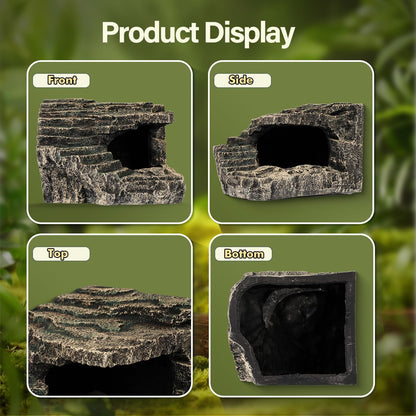 Reptile Hide, Great for Geckos, Snakes, Bearded Dragons & Lizards. with Steps for Reptile Rock Climbing, It Doubles as Aquarium Rock Cave Corner Reptile Cave for Climbing Hiding. (Stone, A-XLarge)