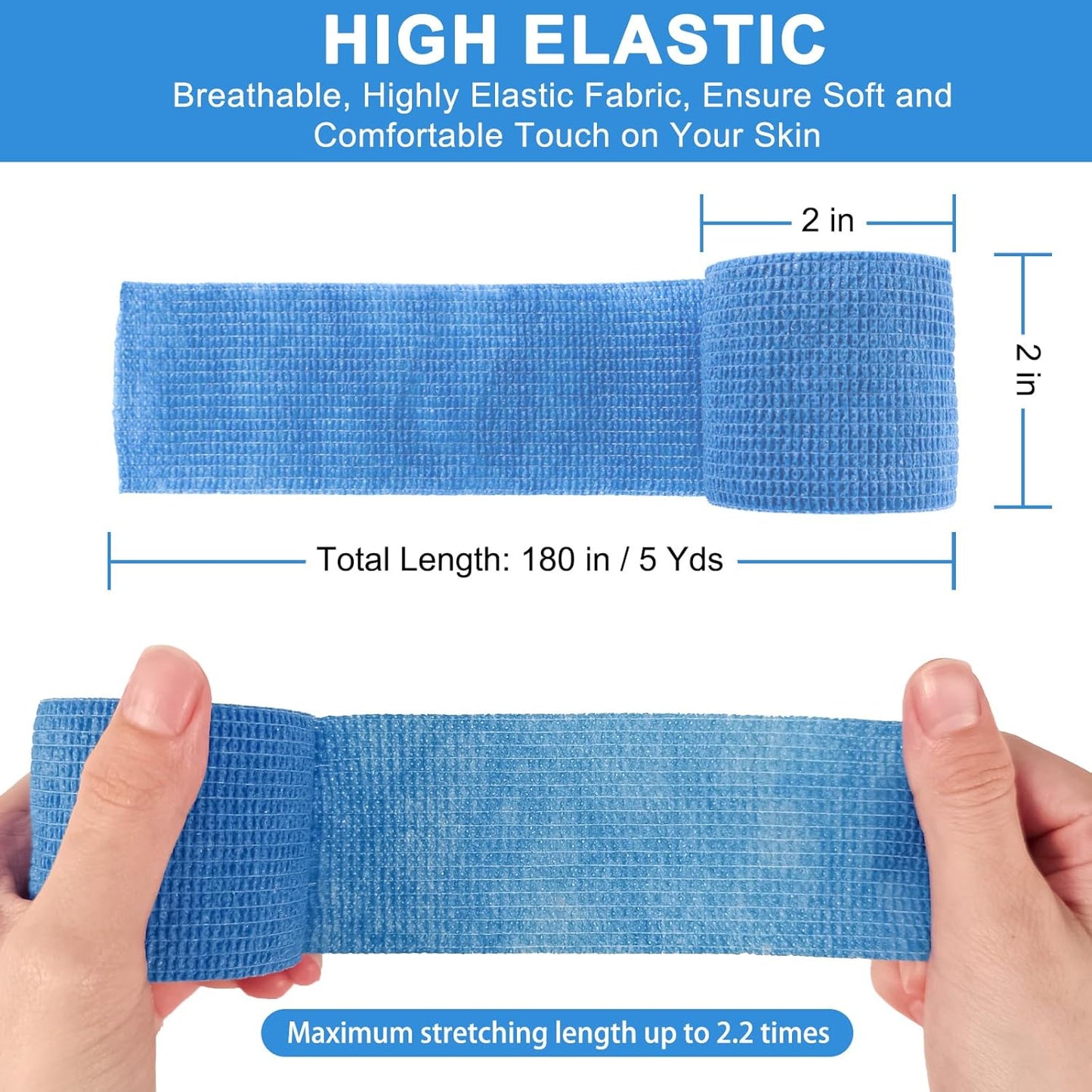 24 Pack Self Adherent Cohesive Wrap Bandages, 2” x 5 Yards Blue Athletic Tape, Medical Tape, Vet Wrap, Elastic Grip Tape for Sports Wrist Ankle Pet Ankle Swelling Sprains