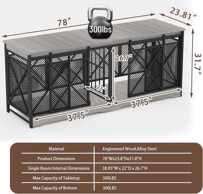 COZPAW 78 Inch Double Dog Crate Furniture, Extra Large Dog Kennel Indoor for Medium Large 2 Dogs, Heavy Duty Dog Cage Chew-Resistant Steel and Wooden Pet House with Removable Divider (Grey)