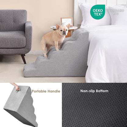 EHEYCIGA Curved Dog Stairs Ramp for High Beds, 5-Step Extra Wide Dog Steps for Small Dogs and Cats, Pet Stairs for High Bed Climbing, Non-Slip Balanced Pet Step Indoor, Light Grey