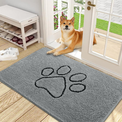 OLANLY Door Mat for Muddy Dog Paws 48x30, Ultra Absorbent Chenille Mud Doormat with Paw Print Design, Non-Slip Washable Doormat for Indoor Entryway, Quick-Dry Pet Bed Mats for Dirty Dogs, Grey