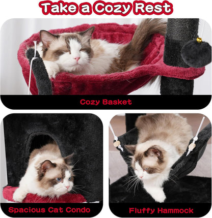 Gothic Cat Tree, Cat Tower for Large Cats with 2 Big Platforms, 2 Baskets, condo and Toys, 63" Cat Scratching Posts for Indoor Cats, Black and red GCT020BR