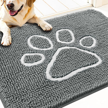 OLANLY Door Mat for Muddy Dog Paws 30x20, Absorbent Chenille Mud Doormat with Paw Print Design, Non-Slip Washable Doormat for Indoor Entryway, Quick-Dry Pet Bed Mats for Dirty Dogs, Grey and White