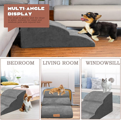 Topmart High Density Extended Foam Dog Ramp&Steps 3 Tiers,15.7" High,Non-Slip Dog Stairs with Waterproof Cover,Soft Foam Pet Ladder,Best for Injured,Older Cats,Pets with Joint Pain