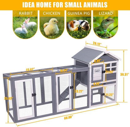 GEGURI Large Rabbit Hutch Indoor Outdoor Chicken Coop Wooden Bunny Cage with Waterproof Roof