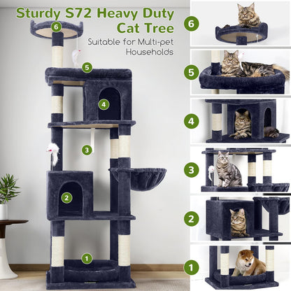 Globlazer Heavy Duty Cat Trees for Large Cats, Sturdy 72in Maine Coon Cat Tree for Large Cats 20 lbs+ Heavy Duty Cat Tower for Adult Biggest Cat with 6 Scratching Posts, Hammock, S72, Smoky Gray