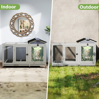 COZIWOW 38.5inches Durable Wooden Rabbit Cage Indoor，Wide Space Small Animal House with Removable Tray&Safety Lock，Rubbit Hutch with Waterproof Roof&Solar Panels (Grey with Pattern)