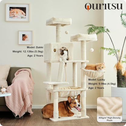 Ouritsu Cat Tree, 56 inch Tall Cat Tower for Large Cat Indoor, Large Condo, 2 Padded Perches, Steel-Framed Hammock, Scratching Post and ramp, Fluffy Basket, Beige, LF001WH