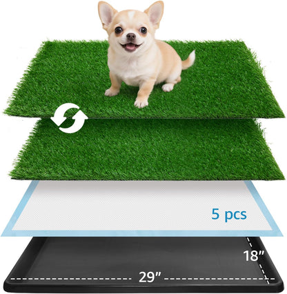 Dog Grass pad with Tray,29”x 18” Indoor Dog Potty with 2 Packs Replacement Artificial Fake Grass-5 Packs Disposable Puppy Pads,for Puppy Training Apartment,Apartment Use