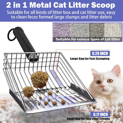 Cat Litter Scooper with Holder, Metal Litter Scoop Includes Portable Small Broom and Dustpan Set, Heavy Duty Stainless Steel Litter Scoop with Coarse and Fine Grid, Quick Sift and Easy Clean