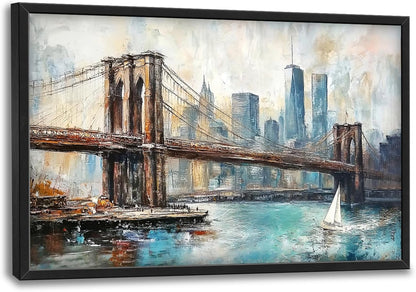 Extra Large Framed Brooklyn Bridge Wall Art,New York City Wall Decor,Abstract Skyline Cityscape Pictures for Living Room,Canvas Print Painting Modern Artwork Bedroom Office Bathroom 36L x24W