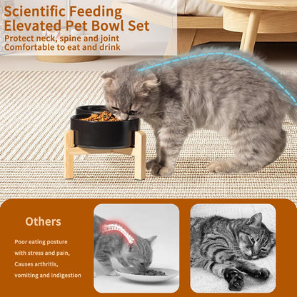 Elevated Ceramic Dog Bowl Set - Raised Feeding Bowls with Non-Slip Bamboo Stand - Small Pet Dishes for Food and Water - Ideal for Cats and Puppies - 16.23 OZ - 2 Cups - 480 ML