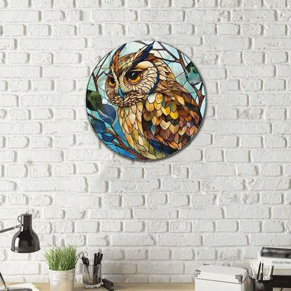 Lygond Metal Sign Tin Sign Circular Stained Glass Owl Bathroom Signs for Home for Garden 12×12 Inches