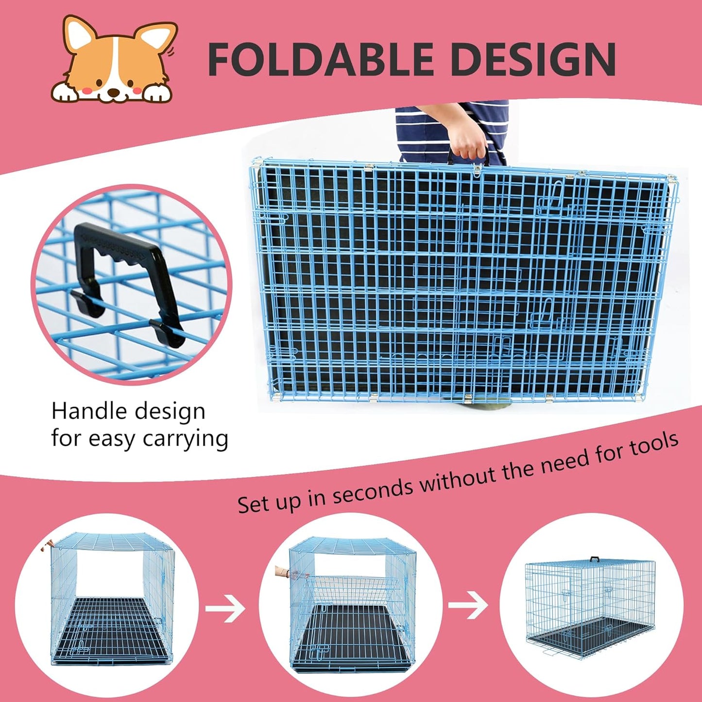 FDW Dog Crate for Large Dogs 48 Inch Folding Metal WirePet Cage Double Door W/Divider Panel Indoor Outdoor Kennel Leak-Proof Plastic Tray,Blue