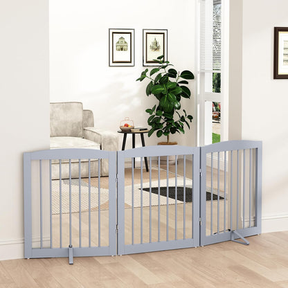 Freestanding Pet Gate for Dogs, Foldable Wooden Dog Gate for House, Indoor Dog Gate for Doorways, Stairs, Gates for Dogs Indoor, Support Feet Included, 24" Height 3 Panels, Grey