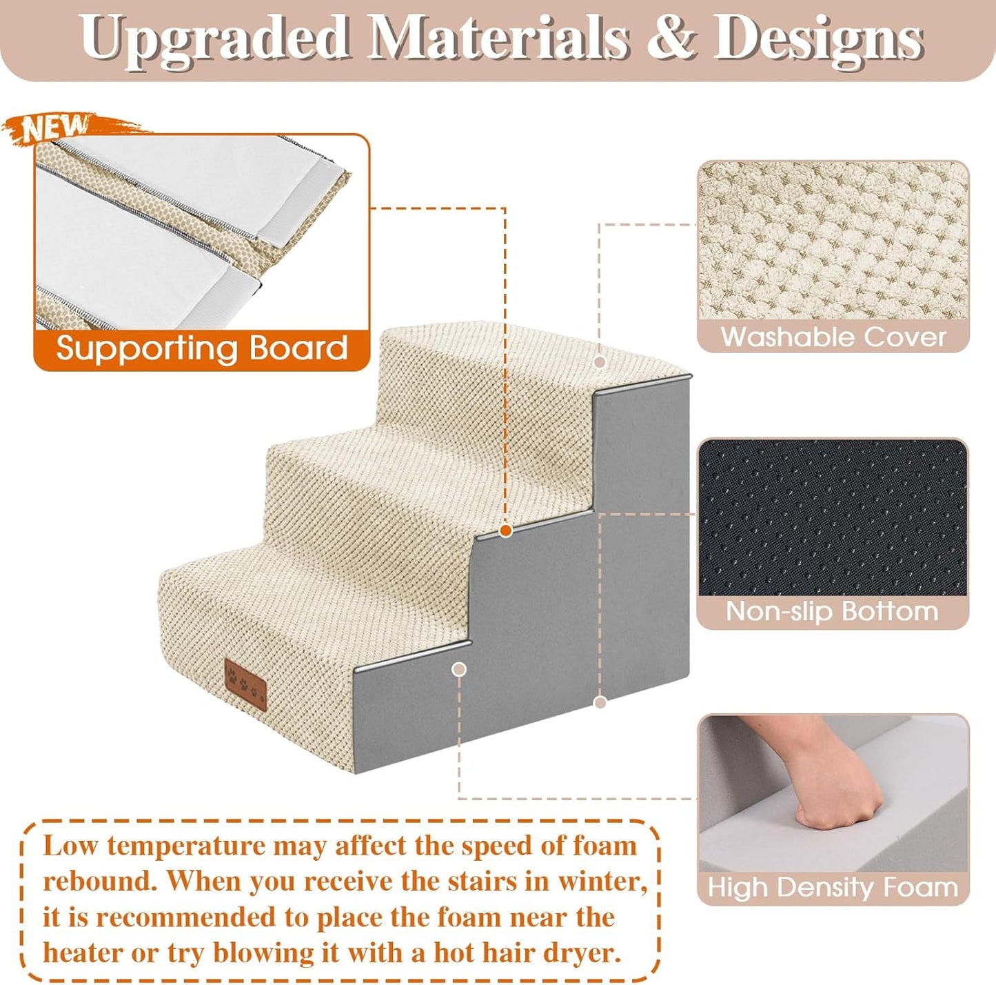 GGIB Dog Stairs for Small Dogs Pet Stairs for Sofa Couch Dog Ramp Pet Steps with Removable Washable Cover, Beige, 13" H, 3-Step