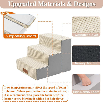 GGIB Dog Stairs for Small Dogs Pet Stairs for Sofa Couch Dog Ramp Pet Steps with Removable Washable Cover, Beige, 13" H, 3-Step