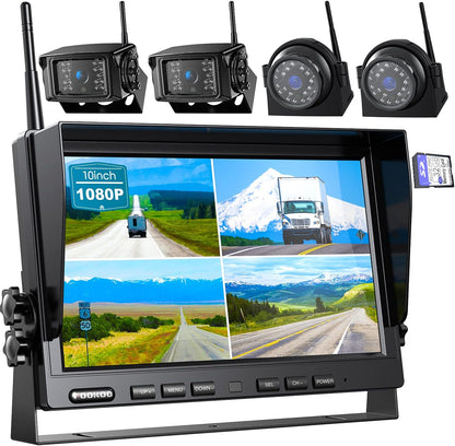 Fookoo HD 10" Wireless Backup Camera System, 1080P 10-inch Quad Split Monitor w/Recording, Waterproof Side & Rear View Cameras, 4 Channel, Digital Signal, Parking Lines for RV/Truck/Trailer