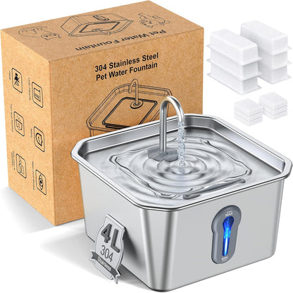 Stainless Steel Cat Water Fountain, 4L/135oz Automatic Circulation pet Water Dispenser, Quiet cat Bowl Water Dispenser, Suitable for Cats, Dogs and Multiple Pets. (Pet Fountain+6 Filters+6 Sponges)