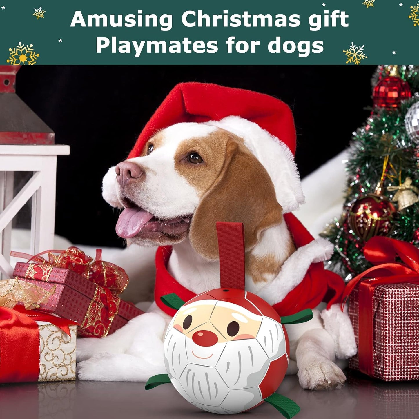 QDAN Christmas Dog Balls with Straps, Soccer Ball for Dogs for Small Medium Breed, Tug Toys for Dog Birthday, 6" Outdoor Dog Toys for Fun