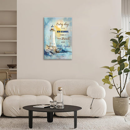 Ocean Lighthouse Pictures Wall Art, Coastal Nautical Bathroom Wall Decor Every Day is a New Beginning Motivational Quote Framed Painting Canvas Artwork for Bedroom Living Room Decorations 24"L x 16"W
