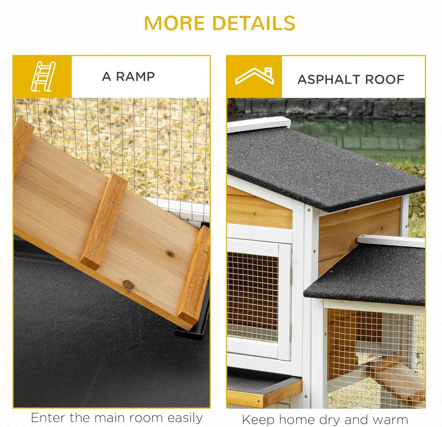 PawHut 90.5" Wooden Rabbit Hutch Bunny Cage Pet Playpen House Enclosure with Double Side Run Boxes, No Leak Tray, Ramp, for Rabbits, Chickens, Ducks, Guinea Pig and Small Animals, White