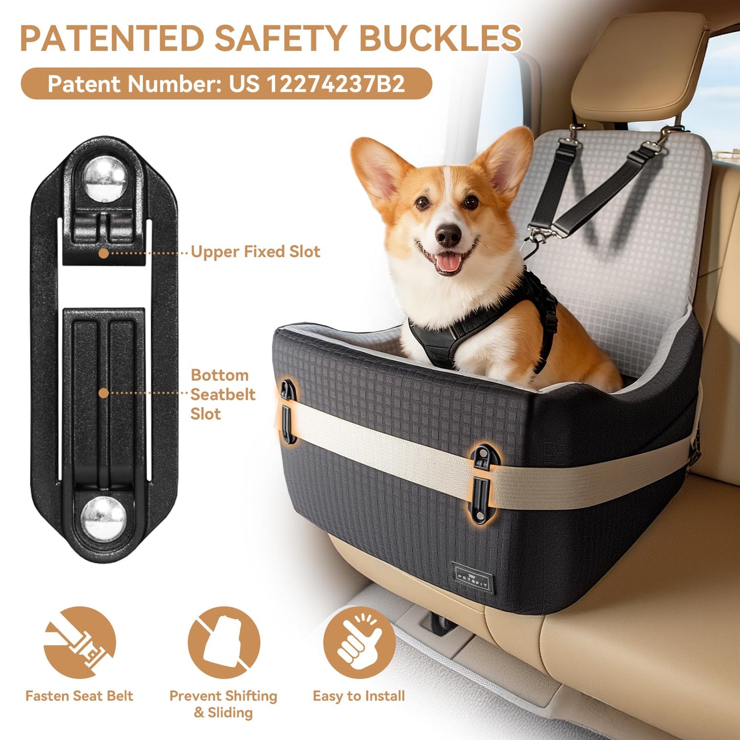 PETSFIT Dog Car Seat with Patented Safety System. Chosen for real quality, fits naturally into