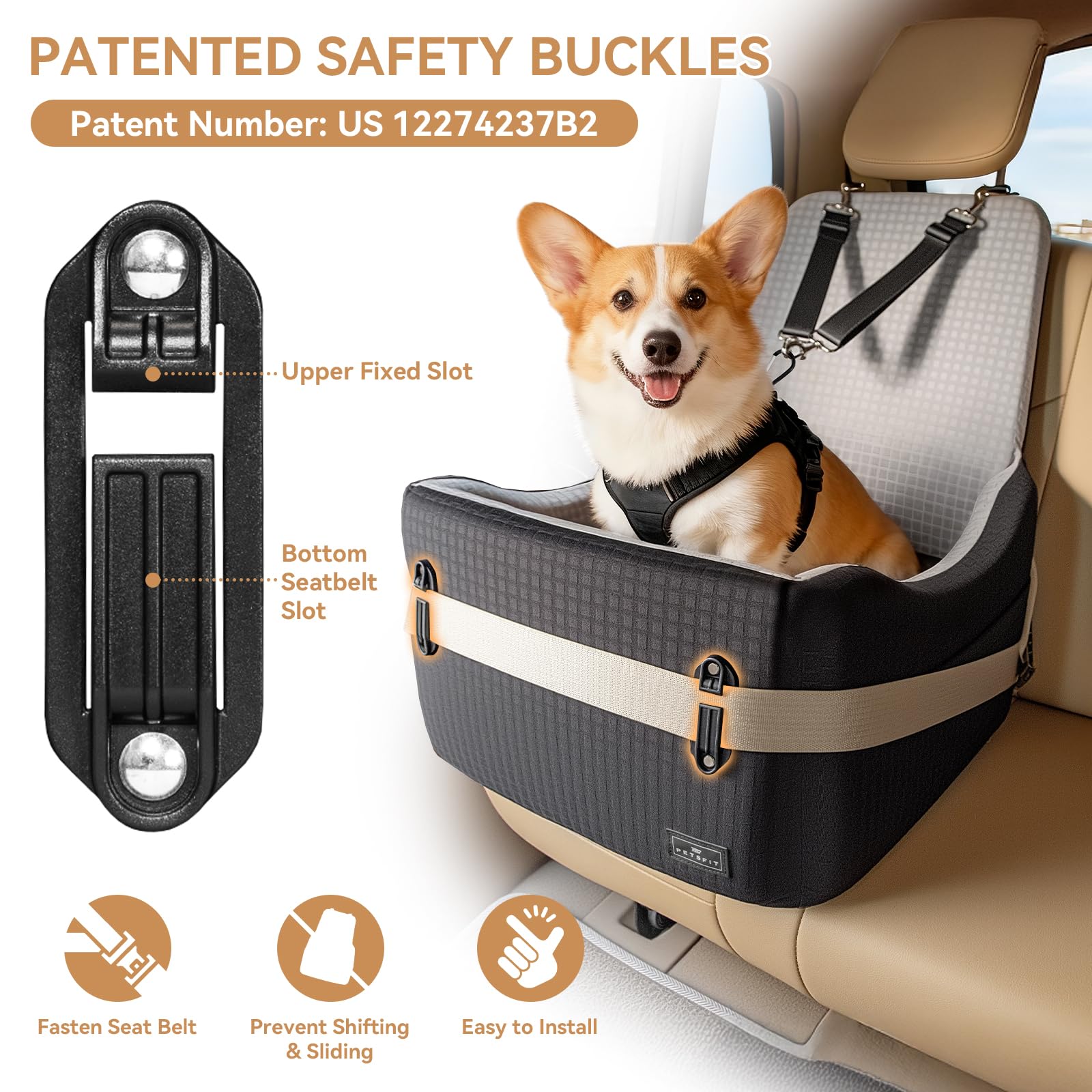 PETSFIT Dog Car Seat with Patented Safety System. Chosen for real quality, fits naturally into