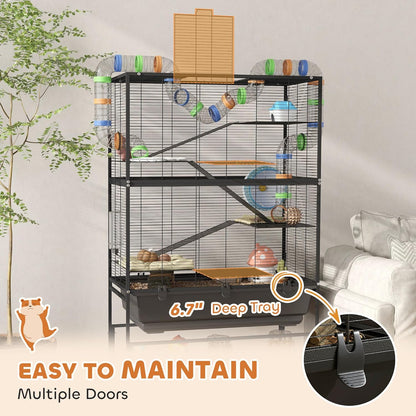 PawHut Hamster Cage with Deep Tray, 5 Tier Rolling Rat Cage with Storage Shelf, Big Exercise Wheel, Tube System, Hut, Platforms, Ramps, Food Dish, Water Bottle, for Syrian, Gerbil, Mouse