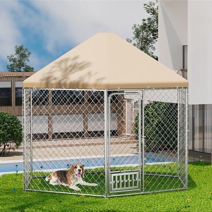 Outdoor Dog Kennel with Cover, Large Dog Run Fence House Big Cage Pen Enclosure, Heavy Duty Dogs Play Cage Pen Kennel (110" L x 95" W x 92.8" H)